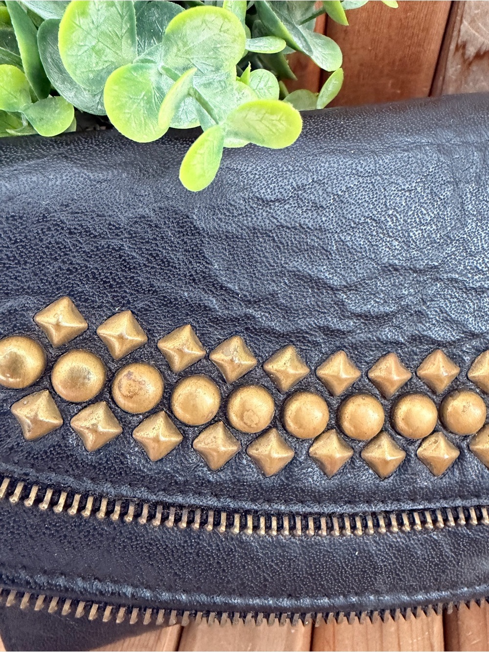 JJ Winters, Y2K Black Studded Leather Clutch, Gold Studs, Boho - Picture 3 of 10